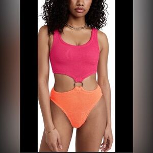 Hunza G Pink and Orange One Piece Swimsuit